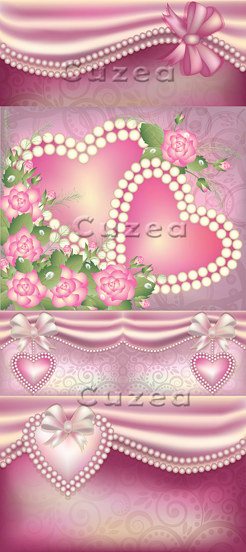        / Backgrounds with pink roses, hearts and pearls in a vector