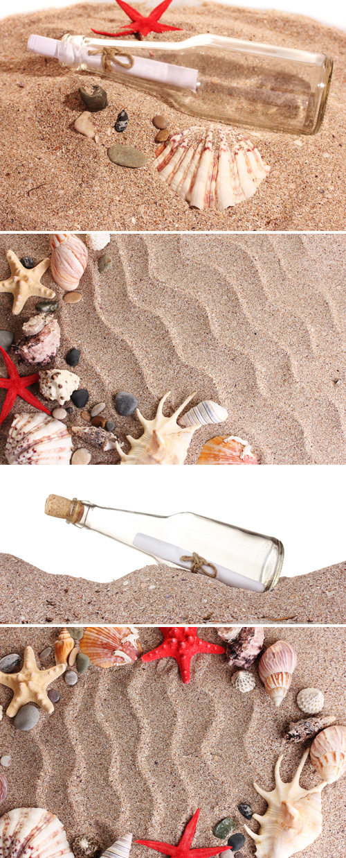   ,   , Beach with Seashells and Bottle
